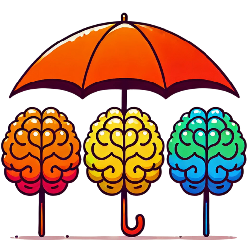 Illustration of 3 rainbow-coloured brain images under bright orange umbrella